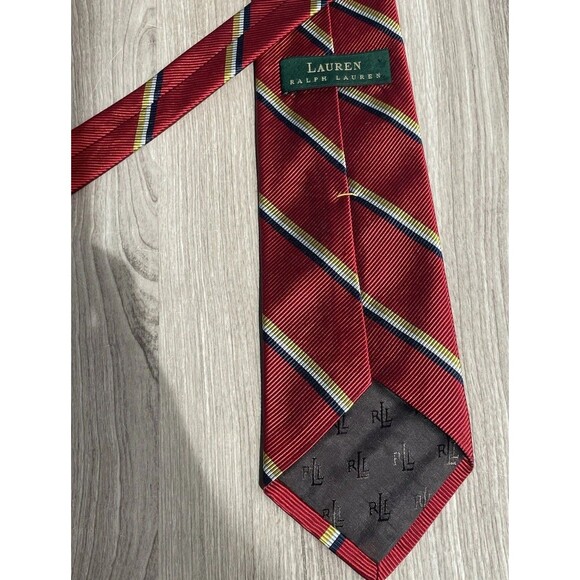 Lauren Ralph Lauren Red Yellow Blue White Stripe Silk Cotton Tie Hand Finished - Picture 2 of 8